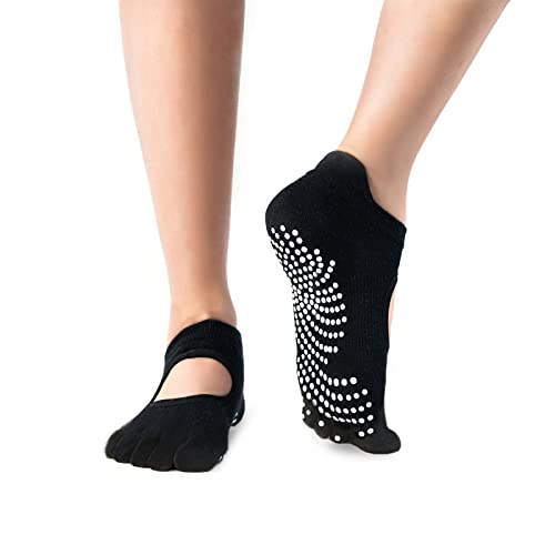 Feliciay Yoga-Socken für Frauen, fünf Zehensocken, atmungsaktive Socken, volle Zehen, offener Rücken, Sportsocken mit Griffen, rutschfest, für Pilates, Ballett, Tanz(schwarz) Cover