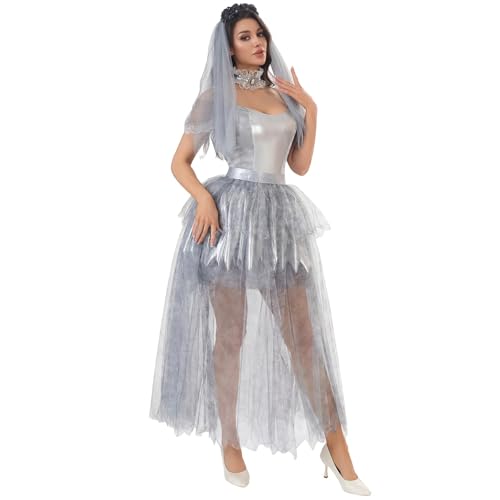 Costume mariée fantôme Halloween complet avec robe en tulle pour femme