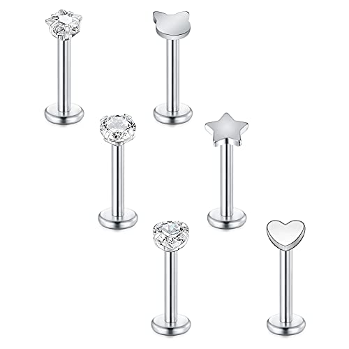 Briana Williams 6pcs Tragus Earrings Silver Lip Bars Labret Stud 16G 6/8/10mm Stainless Steel Helix Piercing Jewellery