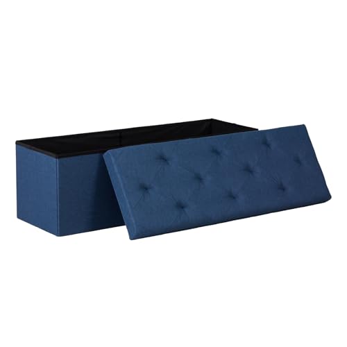 Image of DUMOS Foldable Storage Ottoman Bench 43in, Storage Chest, Large End of Bed Foot Rest Stool with Padded Seat, Bedroom Bench for Living Room, Support 660lbs, Blue