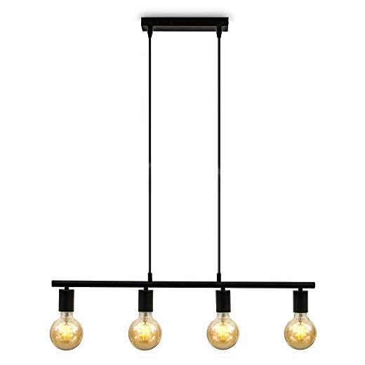 B.K.Licht suspension vintage design industriel en noir mat pour 4 ampoules E27, livrée sans ampoules, hauteur 120cm, largeur 75,5cm