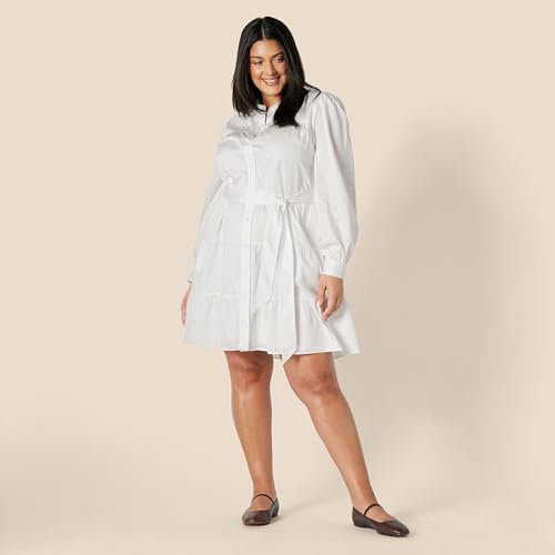 Image of Amazon Essentials Women's Regular-Fit Cotton Sateen Tiered Shirt Dress with Puff Shoulder Sleeves, Collar Band, Button-Front