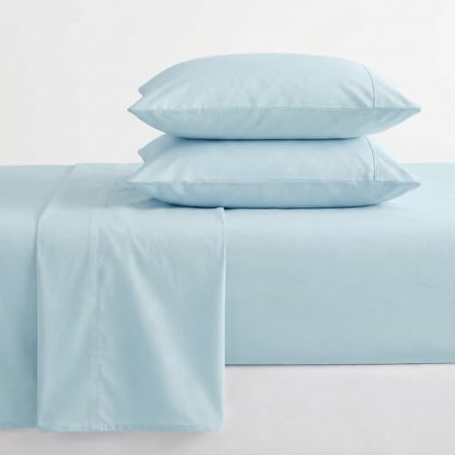 Image of Martha Stewart - Twin Size Sheets Set, Crisp & Tailored Cooling Sheets w /a Naturally Smooth Cotton Percale Lightweight Feel - Bed Sheets with Matching Pillowcase & Fitted Sheet (Skylands Solid Blue)