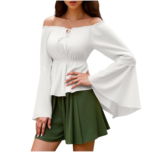 Camisa renacentista para mujer, manga de trompeta con hombros descubiertos, blusa campesina con cordones...