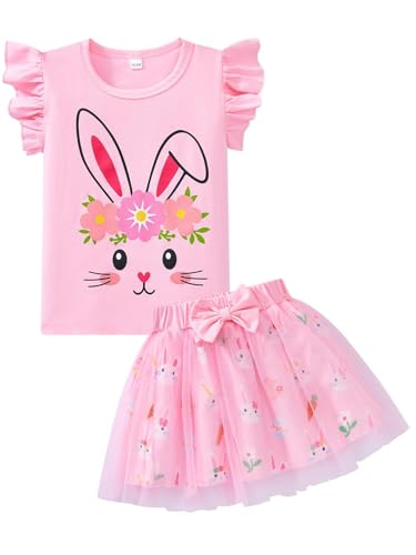 FUNMETA Toddler Girls Easter Bunny Outfit Ruffle Sleeve Top & Tulle Skirt Set Cute Rabbit Dress for...