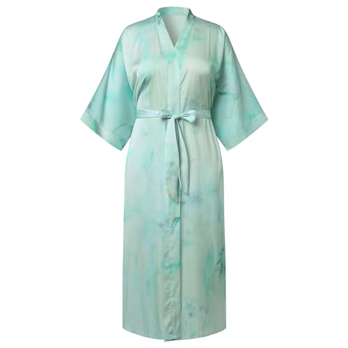 THXEVER Kimono Robes for Women Long Robe Floral Satin Sleepwear Silky Bathrobe Pocket Bachelorette Robe (US, Alpha, One Size, Regular, Regular, Light Green)
