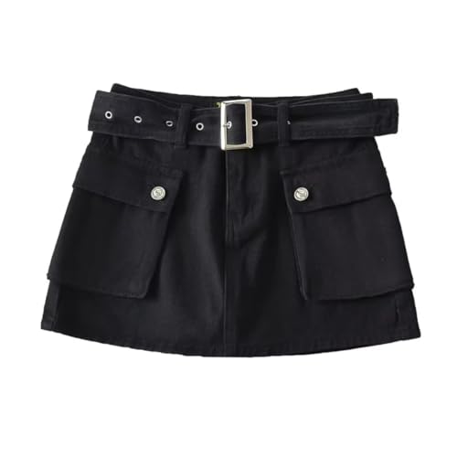 Women's High-Waist Flap Pocket Y2k Skinny Denim Cargo Short Skirt with Belt