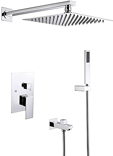 シャワーシステム隠された調整可能なシャワー蛇口セットシャワーヘッドシングルハンドルシャワーセットハンドシャワーと浴槽のスパウト、埋め込み箱、黒、10インチ、クロム8インチ