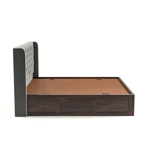 Image of Solid Sheesham Wood King Size Bed with Storage | Wooden Double Bed Cot Bed with Box Storage & Velvet Upholstered Cushioned Headboard for Bedroom (Walnut C, King)