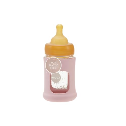 Image of HEVEA Plastic-Free Wide Neck Glass Baby Bottle with Powder Pink Sleeve - Slow Flow Anti Colic Baby Bottles Newborn 0+ Months - BPA-Free, Single-Pack (5 Oz)