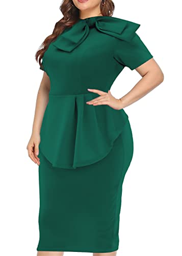 Image of WanMem Plus Size Dress for Curvy Women Semi Formal Cocktail Party Midi Dress Bodycon Short Sleeve Bow Ruffle Pencil Dresses