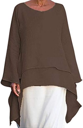 Irregular Hem Shirt t Women Fashion Plus Size Casual Linen Top Long Sleeve Crew Neck Blouse Brown