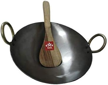Pure Iron Kadai Lokhand Loha Kadhai Large Heavy Wok Cooking Pan 13inch with Wooden Karchi, Black