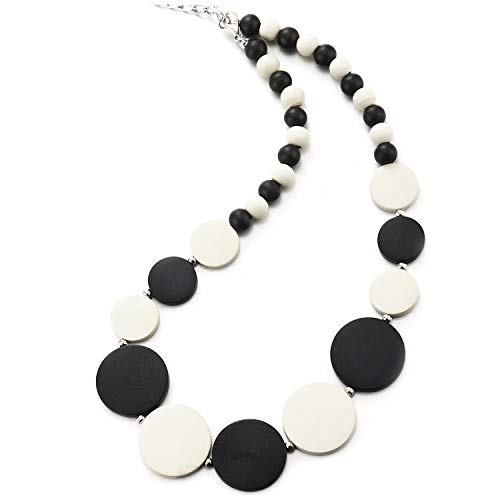 COOLSTEELANDBEYOND Nero Bianco Legno Cerchio Disco Perlina Catena Pendente Girocollo Choker Collana, Festa Banchetti Unico Abito da Sera