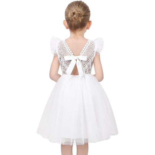 Vestido para niña Blanco Encaje Cuello en V Manga con Volantes Tul Boda Noche Vestido 10 años