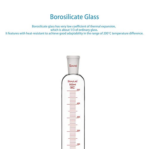 stonylab Additionstrichter, 24/40 Gelenk Borosilikatglas Tropftrichter mit PTFE Absperrhahn für Laborzusatztrichter, 500 ml