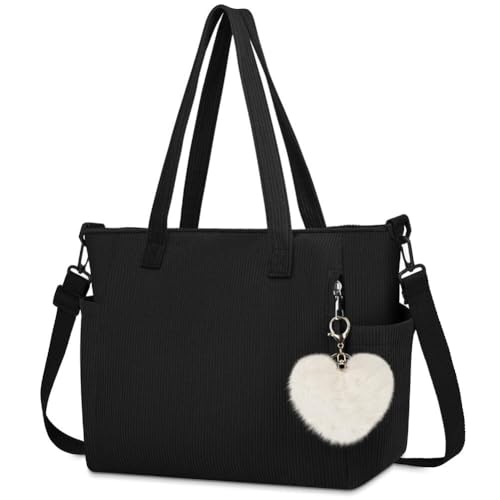 Aucuu Bolso de Mano de Pana, Tote Bag para Mujer, Bolso de la Compra con Cremallera, Bolso de Hombro Grande con Correa de Hombro Desmontable para Compras Colegio Trabajar Viajar, Negro