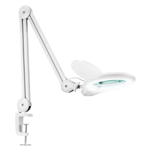 (New Model) Neatfi Bifocals 1,200 Lumens Super LED Magnifying Lamp with Clamp, 5 Diopter with 20 Diopter, Dimmable, 60 Pcs SMD LED, 5 Inches Diameter Lens, Adjustable Arm Utility Clamp (White)