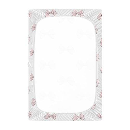 Image of Cute Beautiful Pink Bow Fitted Crib Sheets Stretchy Portable Playard Sheets for Baby Toddler, Breathable Soft Mini Crib Mattress 52 x 28 in for Boys and Girls