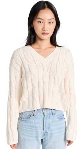 Madewell Women's Cable-Knit V-Neck Crop Sweater, Antique Cream, Off White, XL