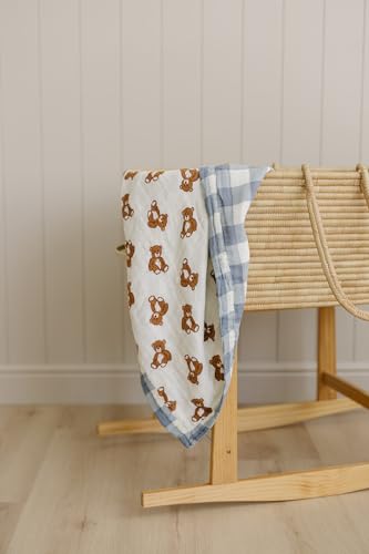 Image of Mebie Baby Muslin Quilt, Dusty Blue Gingham Teddy Bear, 100% Cotton Baby Blanket for Girls & Boys, Newborns to Toddler, Soft Swaddle Blanket, 47 inchx47 inch