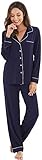 WiWi Viscose from Bamboo Pajamas Set for Women Soft Long Sleeve Button Down Sleepwear Plus Size Pj Lounge Sets S-3X, Navy/white, Small