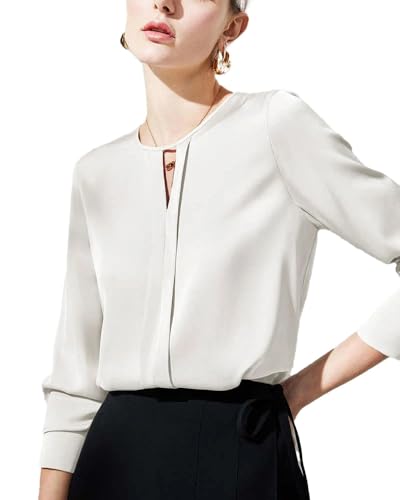 Women's Long Sleeve Silk Blouse with Slit Neck – 100% Silk Charmeuse Shirt, Elegant Workwear Top