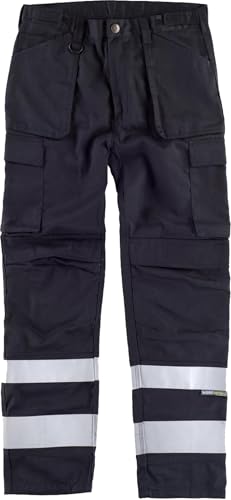 WORKTEAM Pantalón de Trabajo, Triple Costura con Cintas Reflectantes, Bolsillos Multifunción y Refuerzo para Rodilleras, Ajuste Lateral y Tejido Resistente 300 g/m². Unisex Negro 50