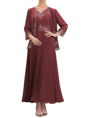 2 Piece Mother of The Bride Dresses Tea Length with Jacket Chiffon Lace Appliques Formal Evening Dress for Wedding