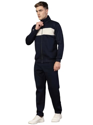 Image of CHKOKKO Mens High Neck Winter Tracksuit Full Zip Jacket with Elastic Waist Lower Warm and Soft Activewear Set for Gym Running and Casual Use NavyEcru L