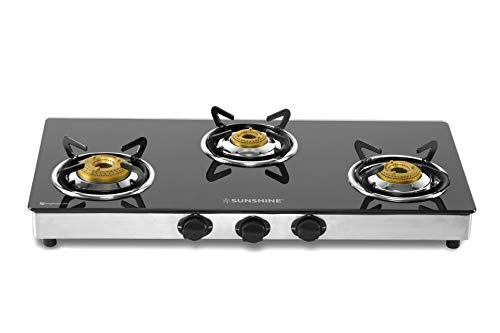 Image of SUNSHINE Swift 3 Burner Gas Stove Manual Ignition Glass Top with Doorstep Service- Black