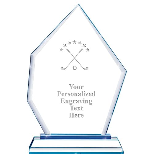 Custom Golf Ball Clubs Award, Peak Blue Base Personalized Crystal Trophy