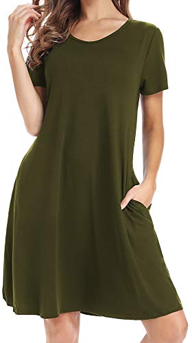 CakCton Women s Summer Dress Casual T-Shirt Loose Swing Dress with Pockets Knee Length Olive Green