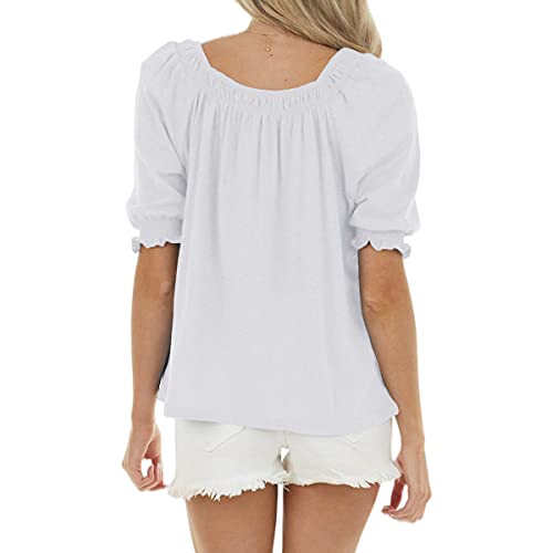 Womens Casual Square Neck Puff Half Sleeve Tops Pleated Loose Basic Summer T Shirts Blouses3
