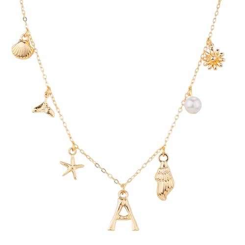 Collier à Breloques Initiales pour Femme, Doré Colliers avec Lettres Coquillage Coquillage Étoile de Mer Collier avec Pendentif Alphabet A-Z Bohème Bijoux...