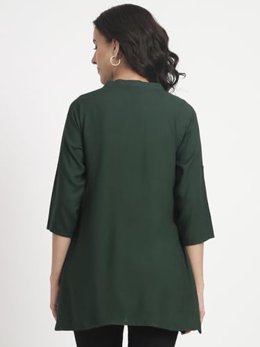 Image of Women's Roll-Up Sleeve Tunic Top, V-Neck with Button Front, Side Pockets, Rayon Short Kurti