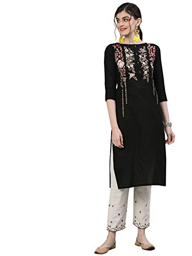 Image of ishin Women's Cotton Black & Off White Embroidered Straight Kurta Trouser Set