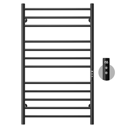 POPFLY - Toallero eléctrico negro mate, 40 x 24 pulgadas, gran toallero para baño con temporizador integrado y ajustes de temperatura multinivel, 12 barras de