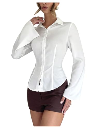 GORGLITTER Women's Button Up Shirt Bell Sleeve Fitted Blouses Dressy Collared Neck Business Casual Outfits