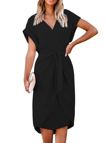 CUPSHE Midi Dress for Women 2025 V Neck Short Sleeves Knotted Pockets Tunic Waist Spring Casual Dress
