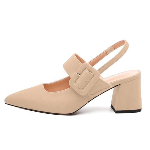 Women's Slingback Heels Mid Heel Pumps Pointed Closed Toe Chunky Heel Suede Wedding Party Shoes2