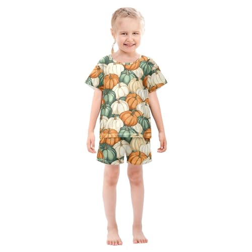ALAZA Orange Green Pumpkin Pajamas Set Short Sleeve Cotton Sleepwear Summer Pjs 2 Piece 5-14Y3