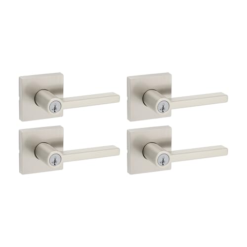 Image of Kwikset Halifax Entry Door Handle with Lock and Key, Secure Keyed Reversible Lever Exterior, for Front Entrance and Bedrooms, Satin Nickel, 4 Pack, Pick Resistant SmartKey Rekey Security and Microban