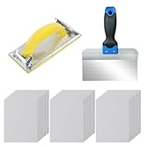 Set Spatola e Levigatura, Spatola per Superfici in Acciaio Inox 20.3 × 13.1 cm + Levigatrice Manuale in Ferro + 30 Fogli Carta Vetrata per Muro, per Applicare, Stuccare, Levigare Cartongesso (Argento)