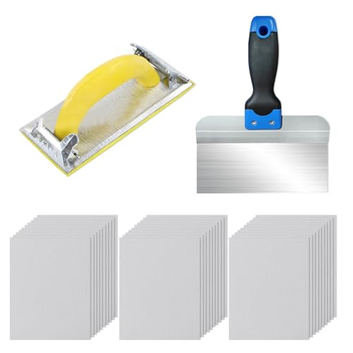 Couteau a Enduire et Ponceuse Kit, Spatule de Surface 20.3 × 13.1 cm + Ponceuse a Main en Fer + 30 Feuilles de Cale a Poncer, pour Appliquer, Remplir, Poncer Plaques de Plâtre (Argent)