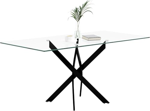 NIERN Tempered Glass Dining Table with Black Metal Legs 47in Modern Rectangular Kitchen Table for Kitchen Dining Room Home Office (47.24 * 27.55 Black)