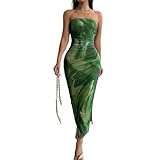 LIGHT DOT Women's Summer Dress Printed Strapless Tube Dress Bodycon Long Dress Side Slit Mesh Layered (Green,S)