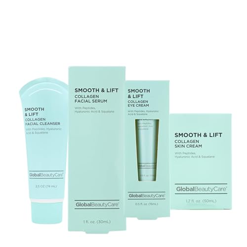 Global Beauty Care Smooth & Lift Collagen Skincare Set – Facial Cleanser (2.5oz), Facial Serum (1oz), Eye Cream (0.5oz), Skin Cream (1.7oz) – with Peptides, Hyaluronic Acid & Squalane – 4-Piece Kit
