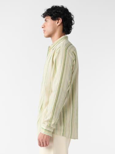Image of The Souled Store Cotton Linen Stripes: Apricot Men and Boys Long Sleeves Collared Neck Orange Stripes Regular Fit Lightweight Comfortable Summer Cotton Linen Shirts