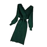 Suvoiier Vestido de punto de seda brillante para mujer, vestidos femeninos, primavera y otoño, manga murciélago, cuello en V, vestido de cadera delgado, verde, Talla única